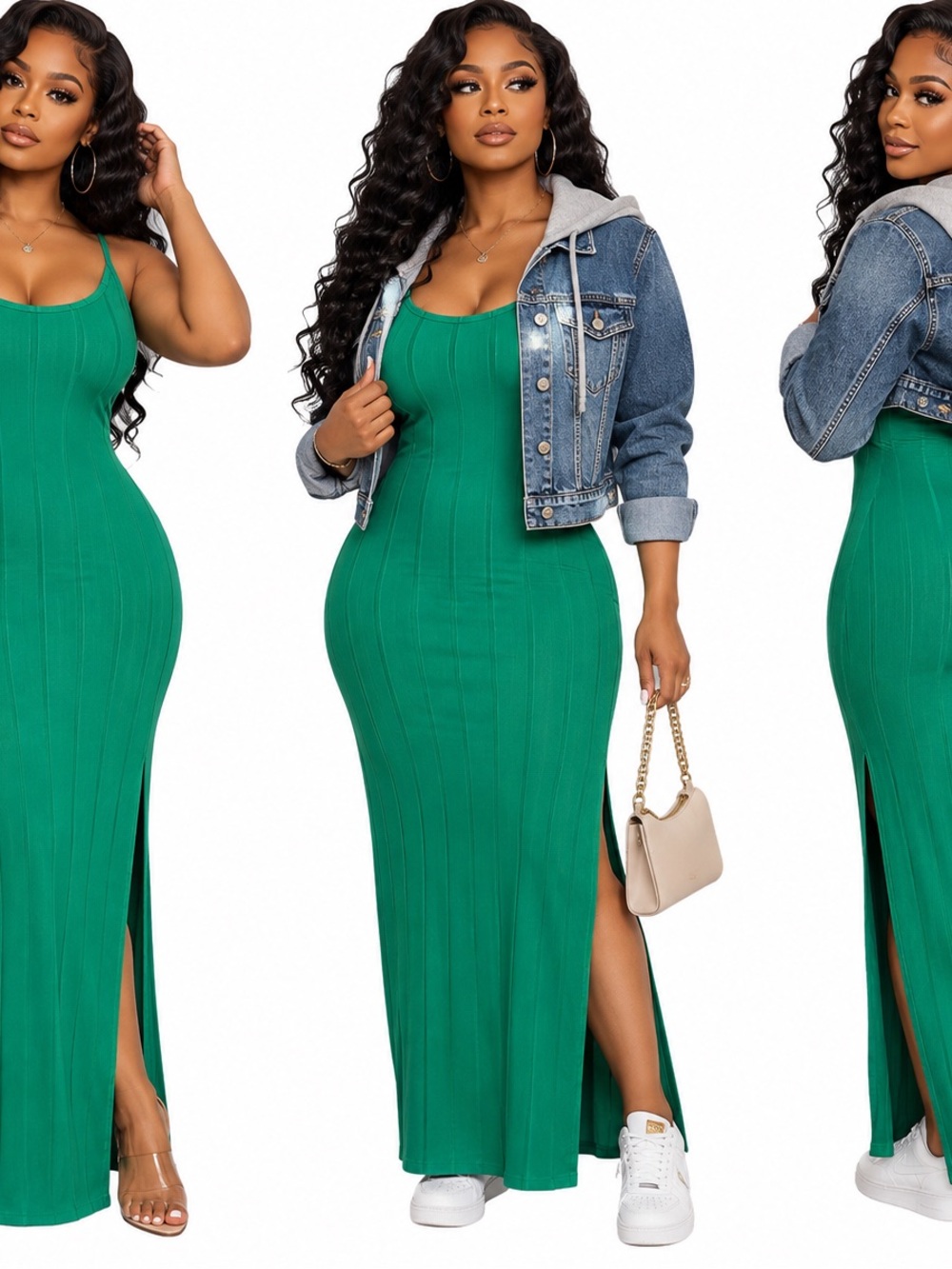 love J Emerald Green Ribbed Maxi Dress with Side Slit